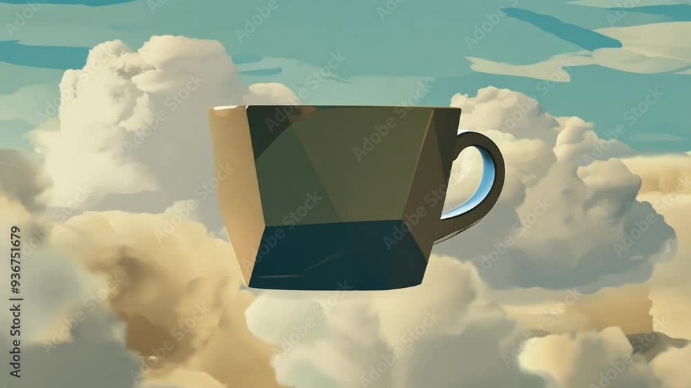 Poster surreal floating cup amidst soft clouds in a bright sky generative ai