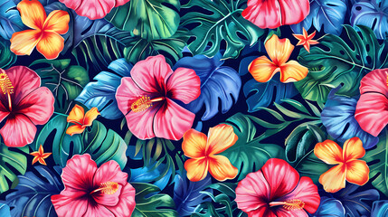 Vibrant Tropical Floral Pattern with Leaves