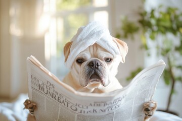 dog in towel on head resting and reading newspaper, in bedroom, early in the morning