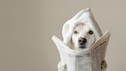 dog in towel on head reading newspaper, isolated free space