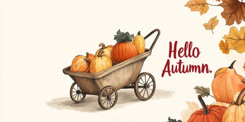 Rustic Wheelbarrow Overflowing with Autumn Pumpkins Amidst Colorful Fall Leaves and “Hello Autumn” Text