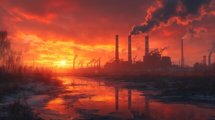 Industrial factory at sunset with pollution - generative ai