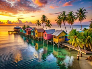 Fototapeta premium Tropical seaside village with colorful houses elevated on stilts amidst calm turquoise waters, palms swaying gently beside a serene ocean horizon at sunset.