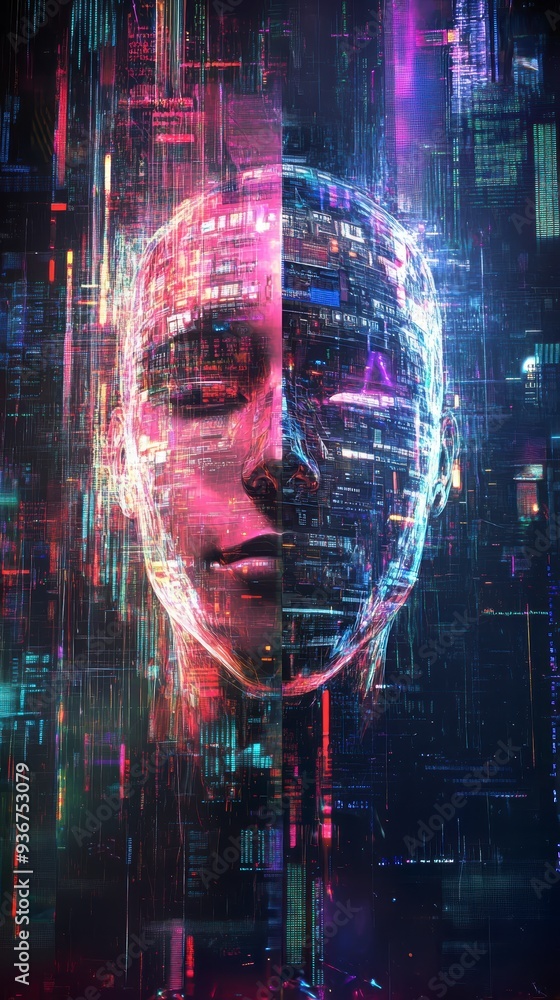 Poster a holographic ai face surrounded by vibrant data streams, symbolizing the power of ai in technology 