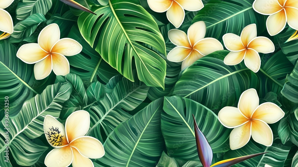 Poster Colorful tropical flowers and lush green leaves in a vibrant arrangement