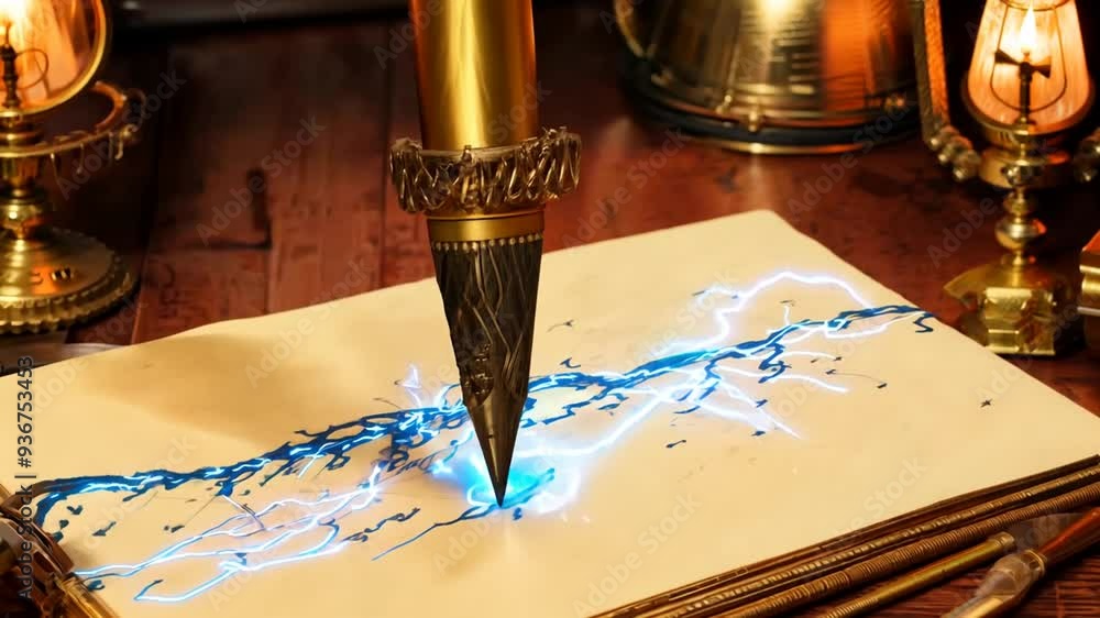 Poster Magical Quill Creating Lightning Designs on Parchment at Dusk Generative AI