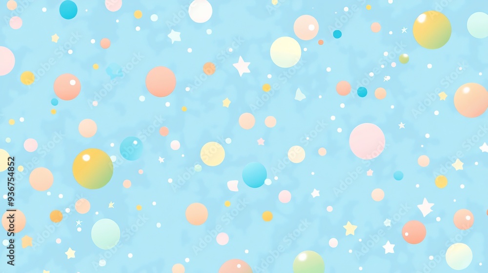 Poster light blue vector pattern featuring circles and stars. colorful disks and stars on a simple gradient