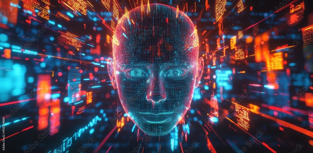 Poster a holographic ai face surrounded by vibrant data streams, symbolizing the power of ai in technology 