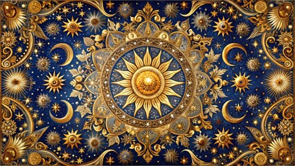 Ethereal beauty marks this tapestry, with ornate corners showcasing intricate patternwork and warm gold accents, evoking a sense of celestial majesty.