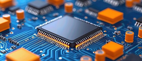Close-up of a computer chip on a circuit board, showcasing intricate details and vibrant orange components for technology enthusiasts.