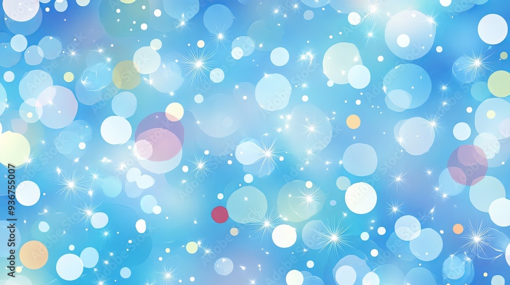 Poster light blue vector pattern featuring circles and stars. colorful disks and stars on a simple gradient