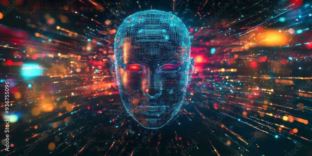 Poster a holographic ai face surrounded by vibrant data streams, symbolizing the power of ai in technology 