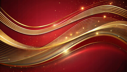 Abstract golden waves in elegant curves on rich red background for luxury holiday design