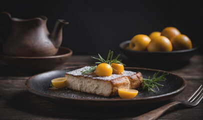 A slice of cake topped with yellow fruit and rosemary sits on a black plate