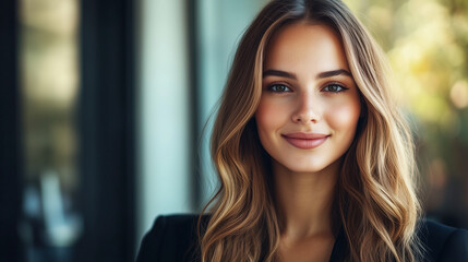 Naklejka premium Zbliżenie na młodą kobietę w biznesowym stylu, z długimi, falującymi włosami i pewnym uśmiechem. W czarnej marynarce i w naturalnym świetle prezentuje się w sposób elegancki i profesjonalny.
