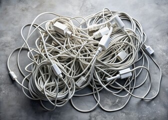 Unorganized heap of white electronic cables scattered across a dull gray concrete floor, emphasizing disarray and chaos in a modern technological setup.