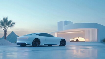 White futuristic car parked outside modern minimalist house.