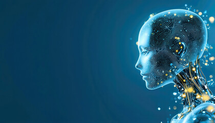 Futuristic robot head illustration with glowing elements, symbolizing advanced technology and artificial intelligence.