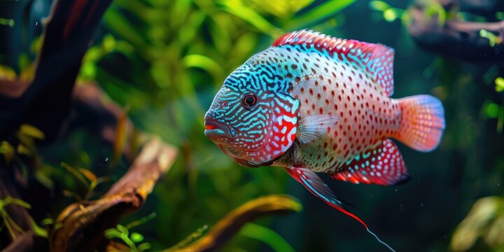 Hybrid Kamfa Cichlid Fish Swimming in Aquarium