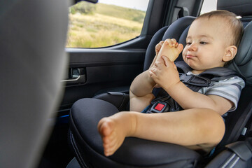 Happy Baby in Car Seat During Scenic Drive