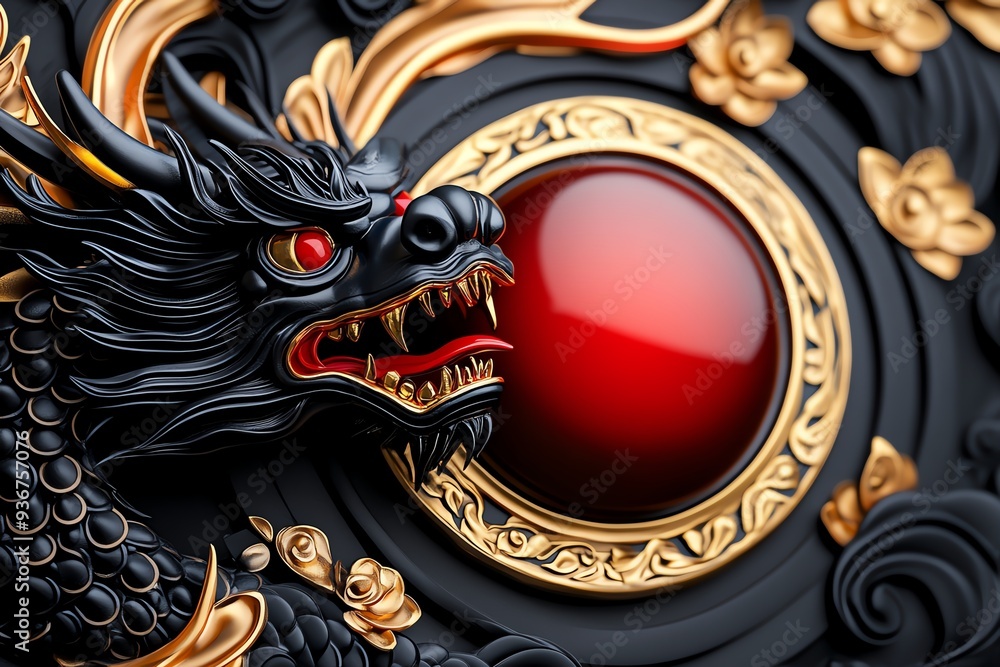 Poster A detailed dragon design featuring intricate patterns and a vibrant red gem, symbolizing strength and elegance in art.