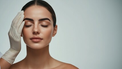 Cosmetic surgeon examining female client in office. Doctor checking woman's face, the eyelid before plastic surgery, blepharoplasty. Surgeon or beautician hands touching woman face. Rhinoplasty