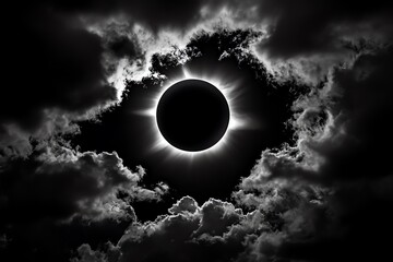 Obraz premium A dramatic black and white image of a solar eclipse, surrounded by clouds, showcasing the celestial beauty of nature's phenomenon.