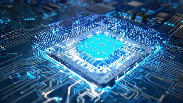 Close-up view of a blue microchip on a circuit board, showcasing intricate details and technology.