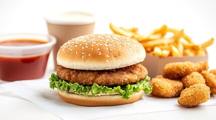 Closeup of a cheeseburger, fries, chicken nuggets, and ketchup.