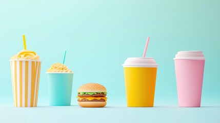 Closeup of a blue paper cup with white polka dots filled with french fries and a bun, on a blue and orange background.