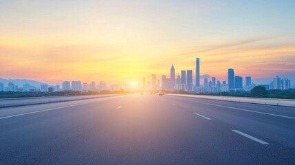 Empty asphalt road leading towards a modern city skyline at sunrise.