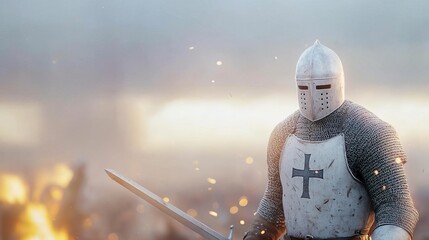 Fototapeta premium A medieval battlefield scene with knights in shining armor, wielding swords and crossbows, engaging in intense combat under a stormy sky, dramatic atmosphere and fierce action