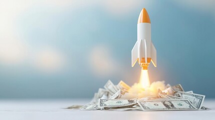 A vibrant scene showing a rocket taking off from a launchpad made of dollar bills, signifying financial growth and the explosive boost in wealth or business performance.