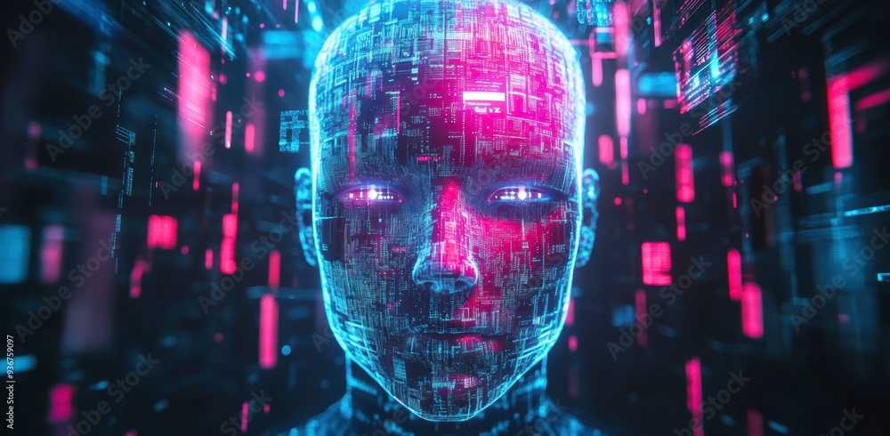 Poster a holographic ai face surrounded by vibrant data streams, symbolizing the power of ai in technology 