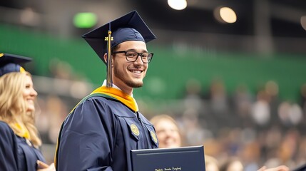 A graduate standing on a commencement stage, holding their diploma with a proud smile, surrounded by cheering family and friends, symbolizing academic achievement.