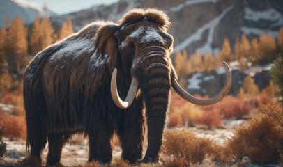 Obraz premium A woolly mammoth stands in a snowy field with mountains in the background