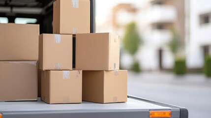 Cardboard boxes stacked in the back of a delivery truck
