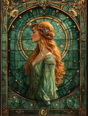 Obraz premium Artistic depiction of Virgo zodiac sign featuring a mystical woman surrounded by celestial elements