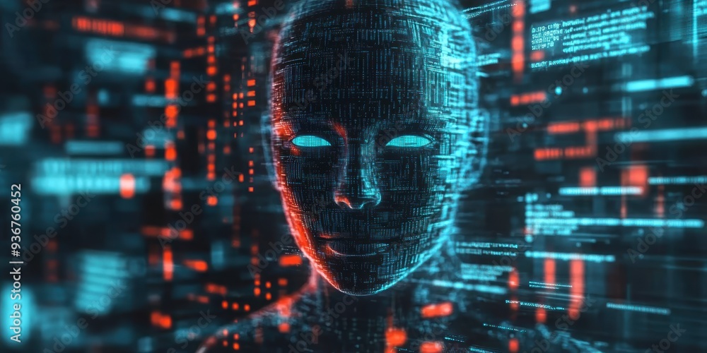 Poster a holographic ai face surrounded by vibrant data streams, symbolizing the power of ai in technology 