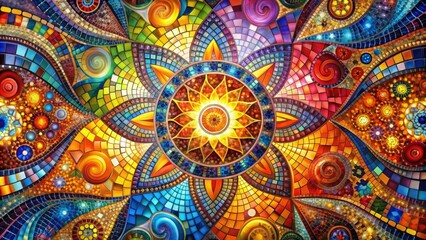 Vibrant abstract mosaic composition featuring intricate geometric shapes, swirling patterns, and radiant colors blending in a mesmerizing dance of light and texture.