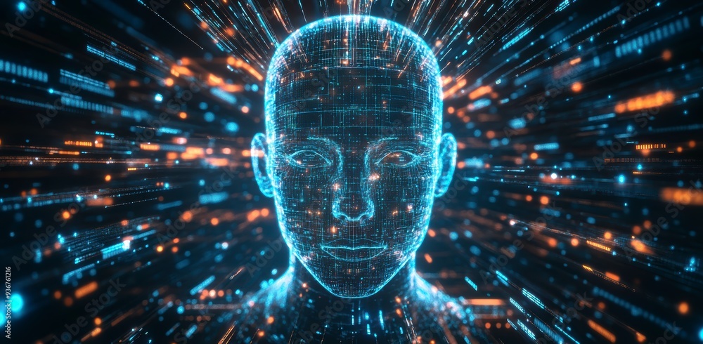 Aufkleber a holographic ai face surrounded by vibrant data streams, symbolizing the power of ai in technology 