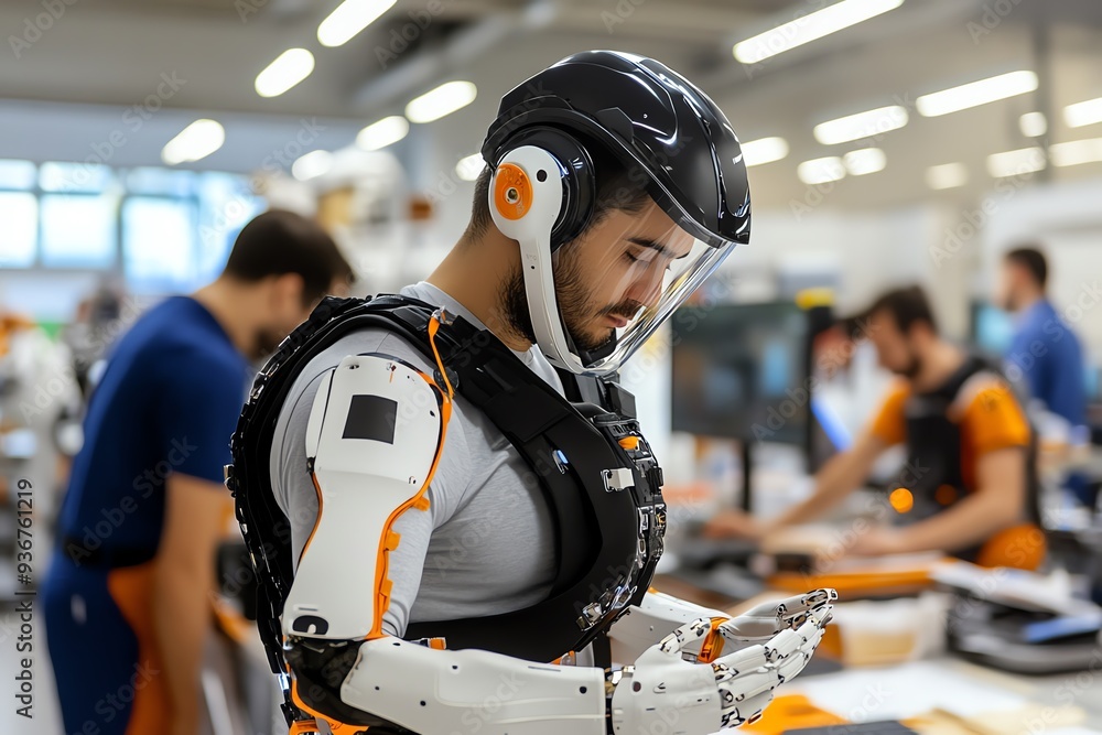 Aufkleber a futuristic humanoid robot interacting with technology in a modern workspace, showcasing advanced r