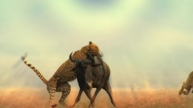 Epic Footage of Cheetah Attacking Wildebeest Sun in The Background 4K