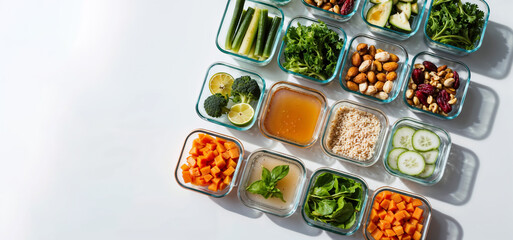 Lunch boxes arranged on a white background, with healthy foods for the Fasting Mimicking Diet FMD. The lunch boxes contain a variety of low-calorie ingredients. Sunlight. Concepts of healthy eat