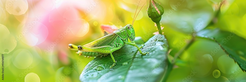 Poster close-up of a green grasshopper perched on a rose bush leaf with a shallow depth of field in a summe