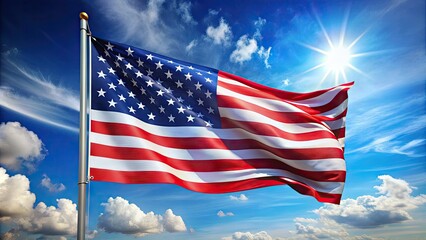 Obraz premium Vibrant American flag waves majestically against a serene blue background, its bold stripes and bright stars shining proudly, symbolizing freedom and patriotism.