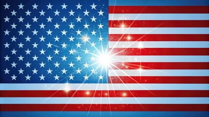 Naklejka premium Vibrant American flag waves proudly along a patriotic border, featuring bold red and white stripes, against a brilliant blue background with white stars shining bright.