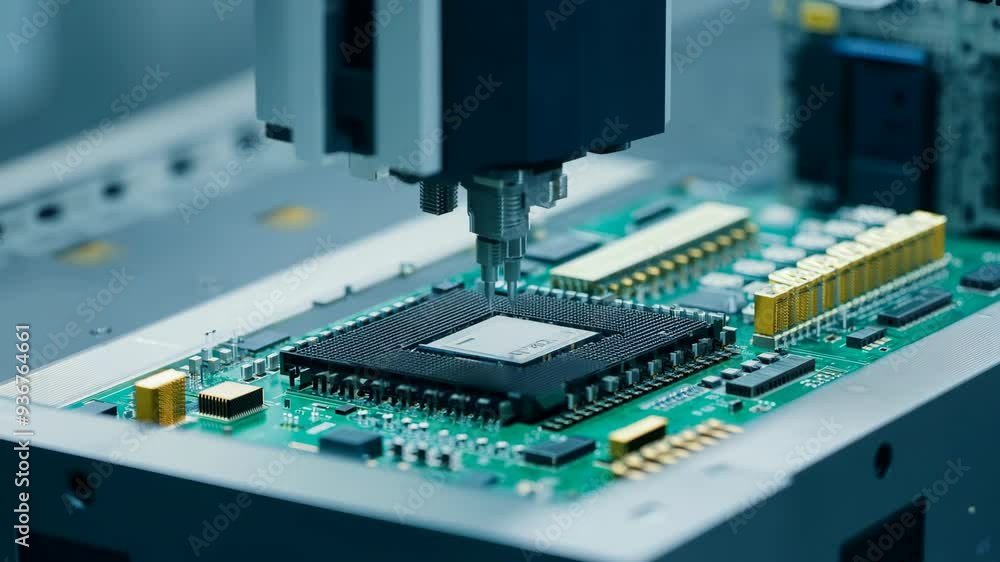 Aufkleber robotic arm assembling components on a circuit board in a manufacturing facility