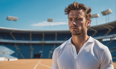 Fototapeta premium A man stands in a stadium, wearing a white shirt, looking off to the side