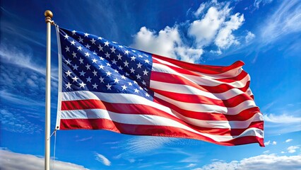 Obraz premium Vibrant American flag waving in the wind, with bold stars and stripes shining brightly against a clear blue sky, evoking feelings of freedom and pride.